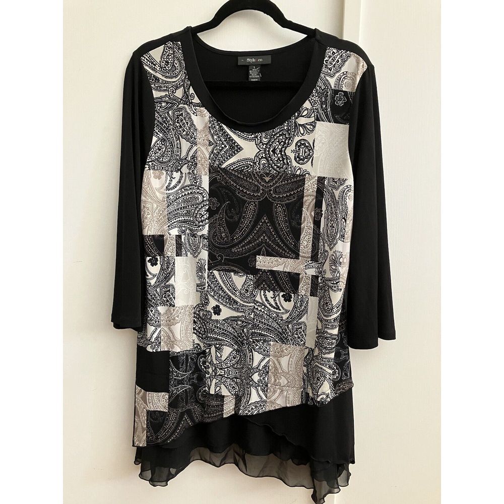 Style & Co. Black White Paisley Whimsy Pullover Boho Tunic 3/4 Sleeve SZ LG-K - Picture 2 of 6